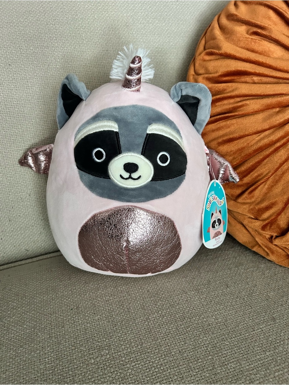 NWT Squishmallows Rocky the Raccoon Unicorn Plush Pink Gray Metallic Wings 2021